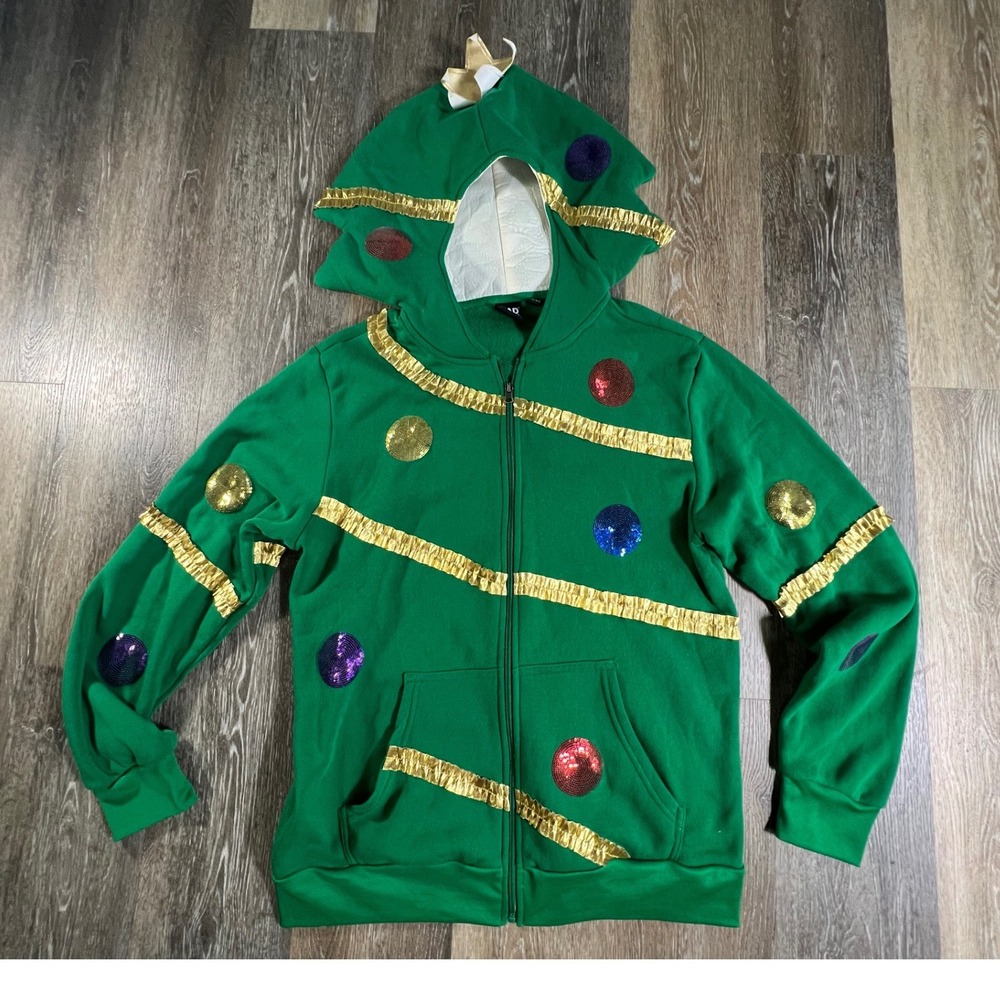 Mad Engine Christmas Tree Hoodie Unisex Large Green Sequin Tinsel Zip Up 4604